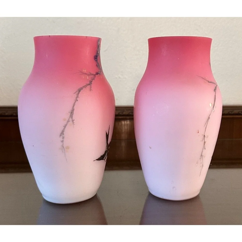 2 Antique Victorian MT WASHINGTON Satin Pink Quilted Cased Glass Vase Bird Vines